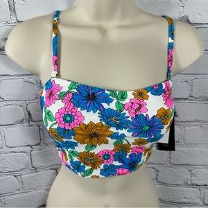 California Waves Juniors’ Wall Paper Floral Long-Line Bandeau Swim Top Neon NWT